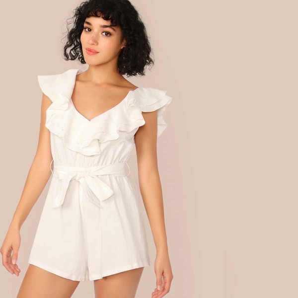 

Double V Neck Ruffle Trim Self Belted Romper, White