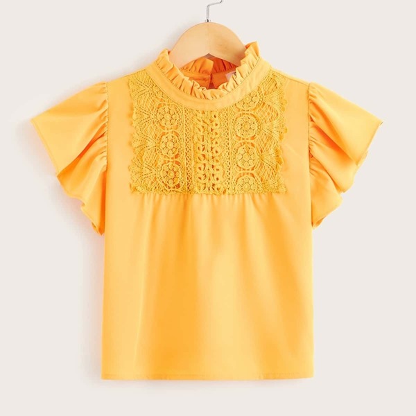

Girls Frilled Neck Guipure Lace Insert Top