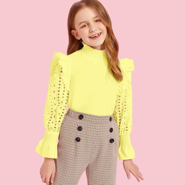 

Girls Shirred Neck Ruffle Trim Schiffy Sleeve Top