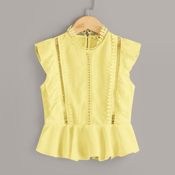 

Girls Lace Insert Ruffle Trim Peplum Top, Yellow pastel