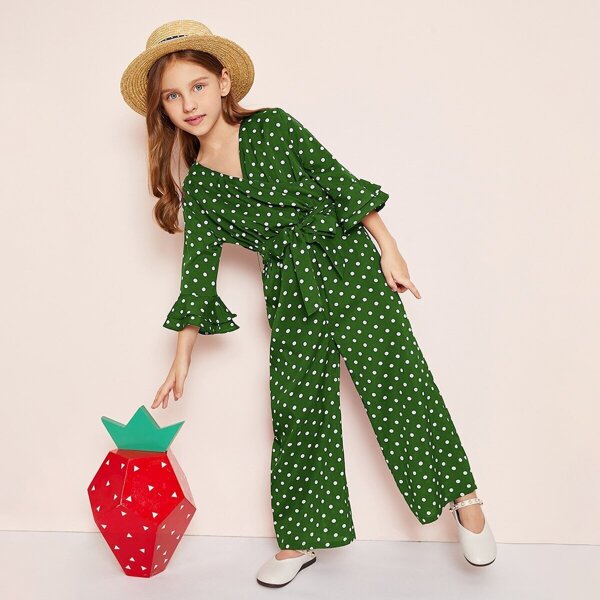 

Girls Polka-dot Flounce Sleeve Belted Jumpsuit, Green