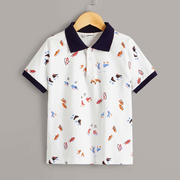 

Boys Shoes Print Contrast Collar and Cuff Polo Shirt, White
