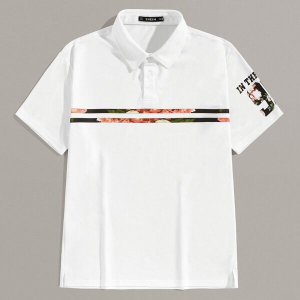 

Men Mixed Print Sleeve Floral Tape Front Polo Shirt, White