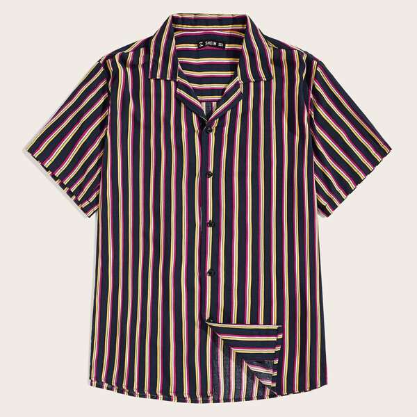 

Men Striped Print Revere Collar Shirt, Multicolor