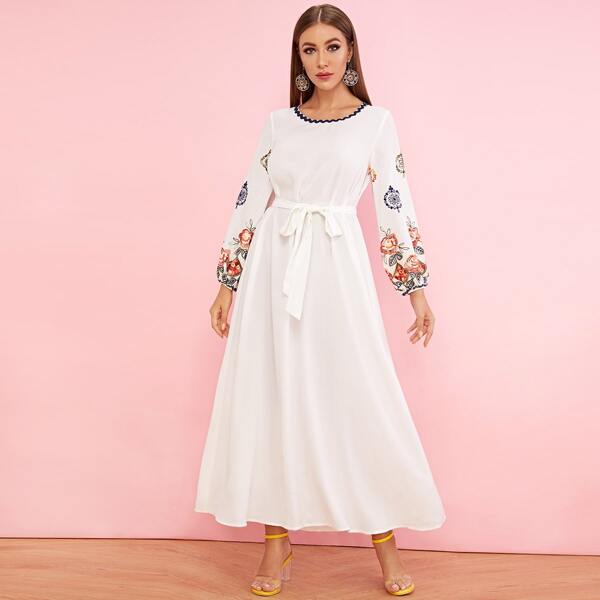 

Wave Tape Detail Embroidery Floral Belted Dress