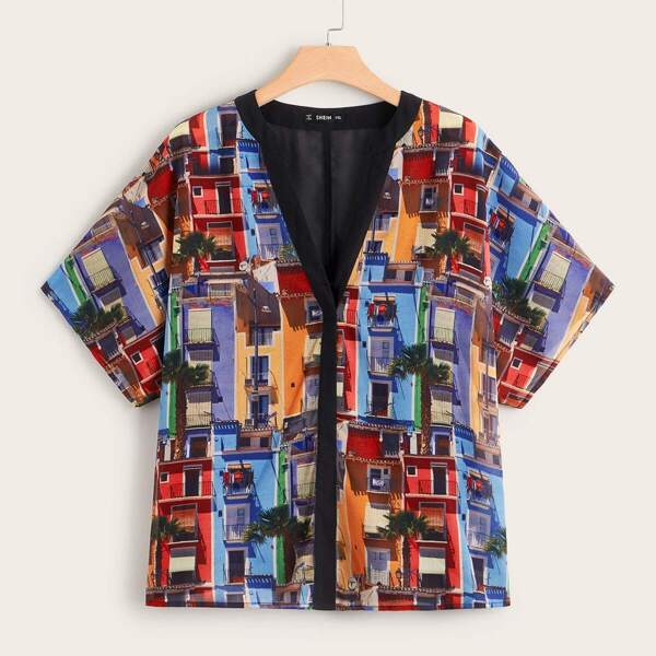 

Plus Contrast Placket House Print Solid Back Top