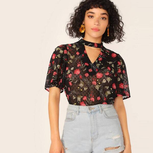 

Choker Neck Dot and Floral Sheer Top