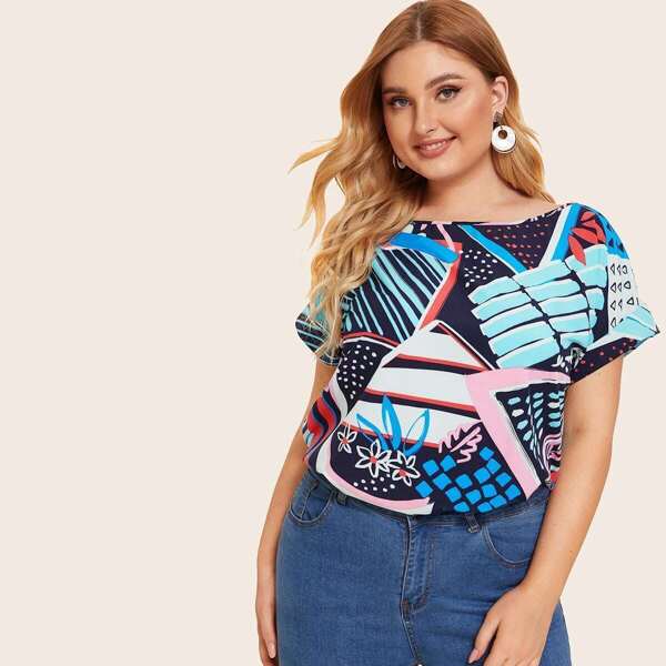 

Plus Cuffed Mixed Print Top