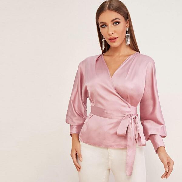 

Lantern Sleeve Wrap Belted Satin Top