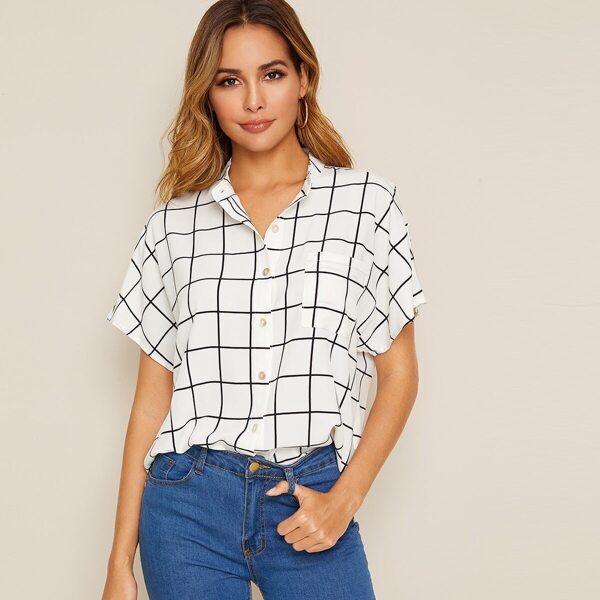 

Grid Print Batwing Sleeve Shirt, White