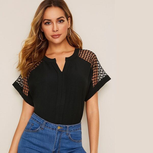 

V-cut Neck Sheer Lace Yoke Trim Top, Black