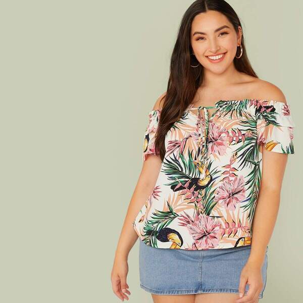 

Plus Tropical Print Tie Neck Off Shoulder Top