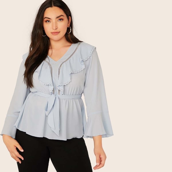 

Plus Lace Insert Bell Sleeve Ruffle Trim Top, Blue pastel