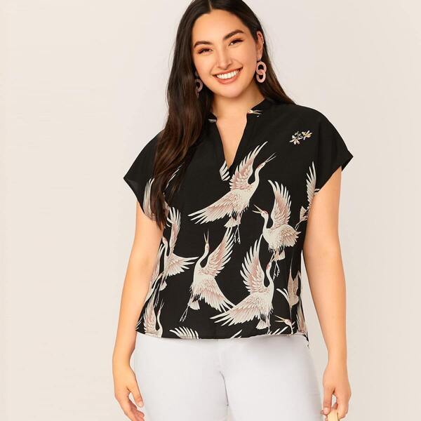 

Plus Crane Print High Low Hem Top