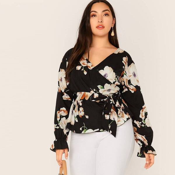 

Plus Wrap Belted Floral Print Top, Black