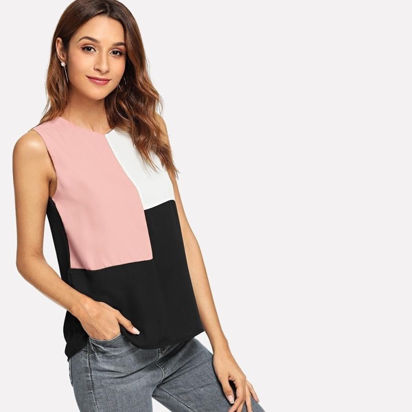 

Keyhole Back Color-block Sleeveless Top, Multicolor