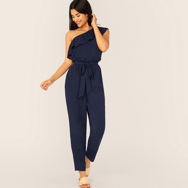 

One Shoulder Foldover Tie Front Jumpsuit, Navy