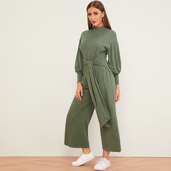 

Tie Front Lantern Sleeve Palazzo Jumpsuit, Army green