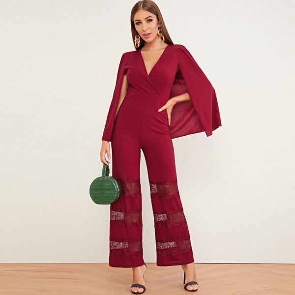 

Surplice Neck Lace Insert Wide Leg Cape Jumpsuit, Burgundy