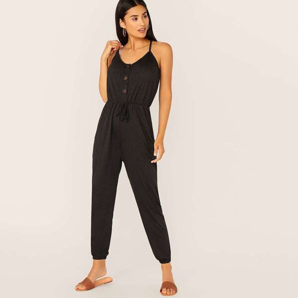 

Tie Neck Split Back Buttoned Slant Pocket Jumpsuit, Grey