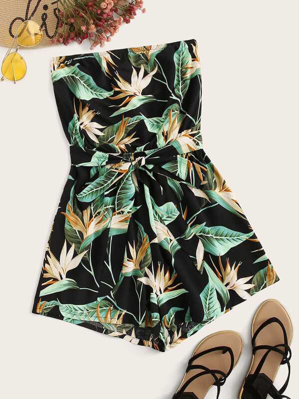

Tie Front Tropical Print Tube Romper, Multicolor