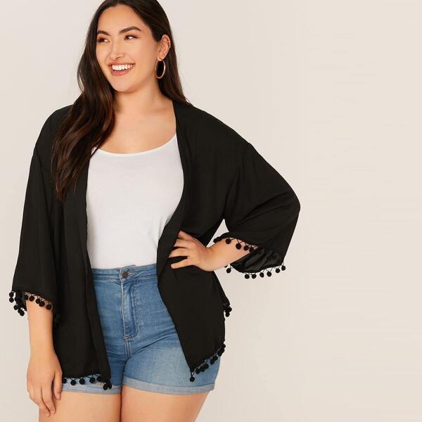 

Plus Open Front Pompom Detail Kimono, Black