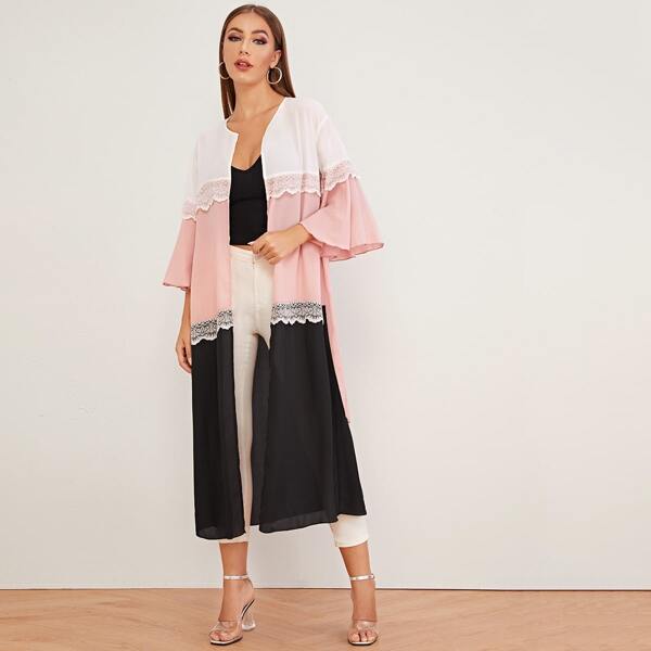 

Open Front Contrast Lace Colorblock Kimono, Multicolor