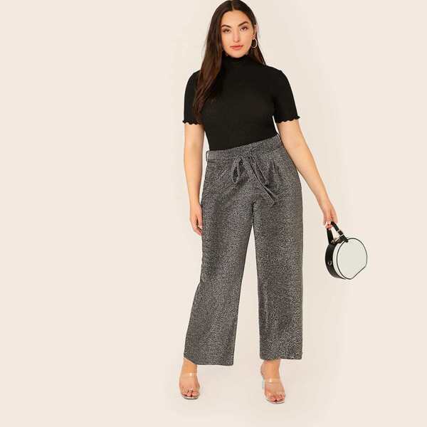 

Plus Self Belted Wide Leg Glitter Pants