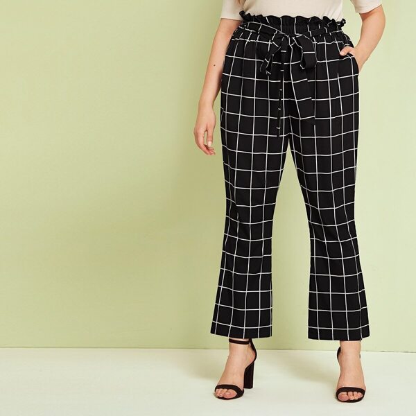 

Plus Paperbag Waist Slant Pocket Flare Leg Grid Pants