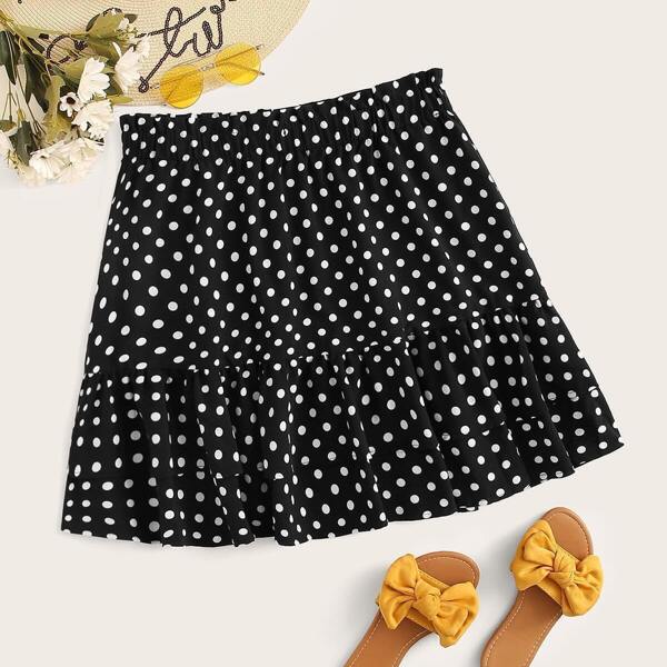 

Plus Frill Trim Layered Polka Dot Skirt, Black and white