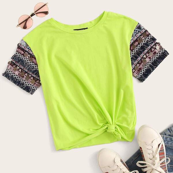 

Coin Fringe & Embroidered Tape Detail Neon Lime Tee