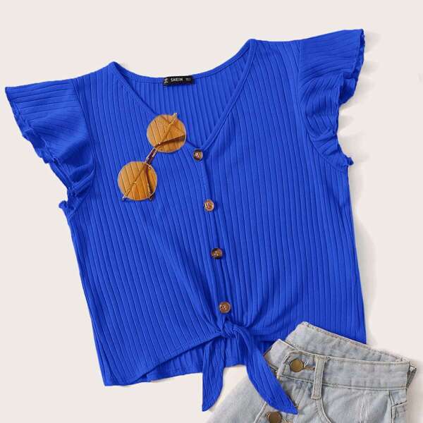 

Buttoned Front Knot Hem Rib-knit Top
