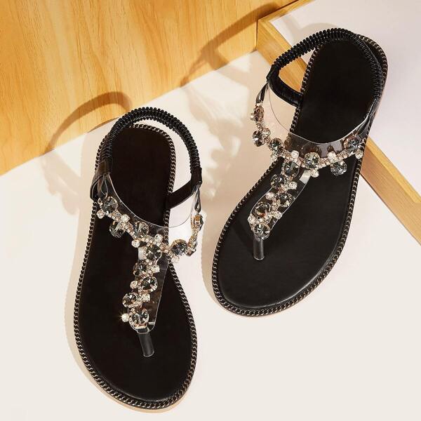 

Toe Post Rhinestone Decor Flat Sandals, Black
