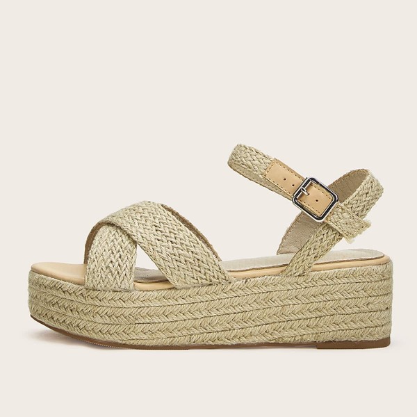 

Open Toe Buckle Strap Espadrille Wedges, Apricot