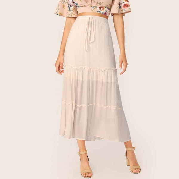 

Drawstring Waist Frill Trim Skirt, Beige