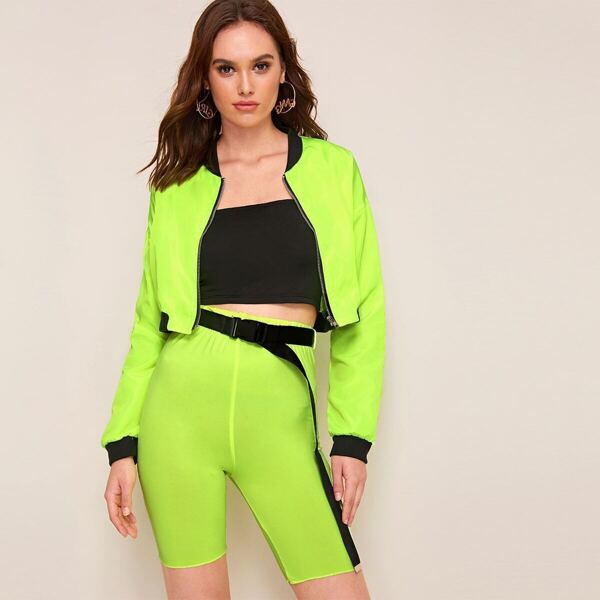 

Neon Lime Zip-up Jacket & Belted Cycling Shorts