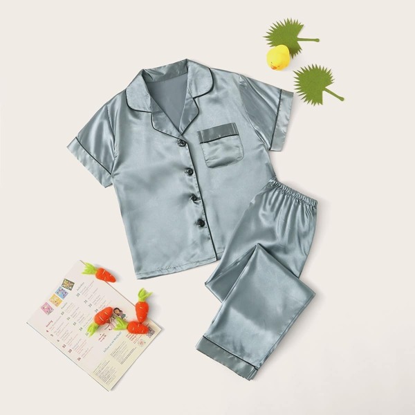 

Boys Contrast Binding Satin Shirt & Pants PJ Set