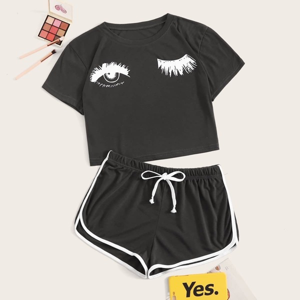 

Eyelash Print Contrast Binding Pajama Set