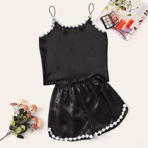 

Crochet Trim Satin Cami PJ Set