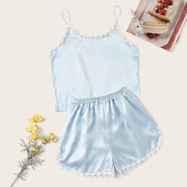 

Crochet Trim Satin Cami PJ Set, Blue