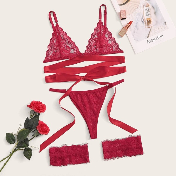 

Floral Lace Scalloped Trim Garter Lingerie Set, Red