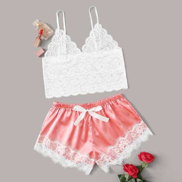 

Floral Lace Bralette With Satin Shorts, Multicolor
