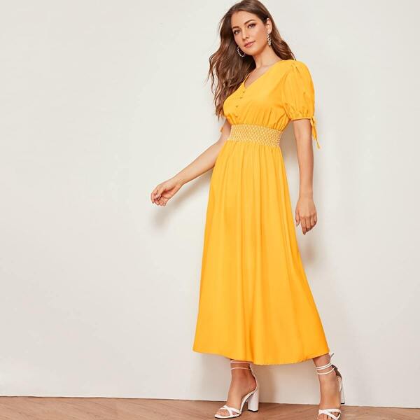 

Shirred Covered Button Tie Sleeve Dress