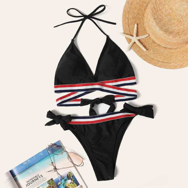 

Striped Trim Halter Top With Tie Side Bikini, Black