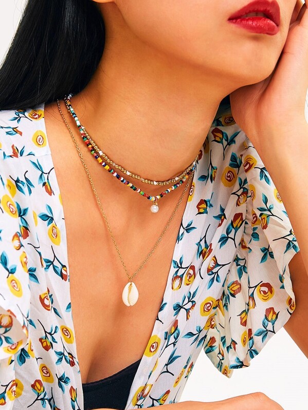 

Shell Charm Beaded Chain Necklace 3pcs, Multicolor