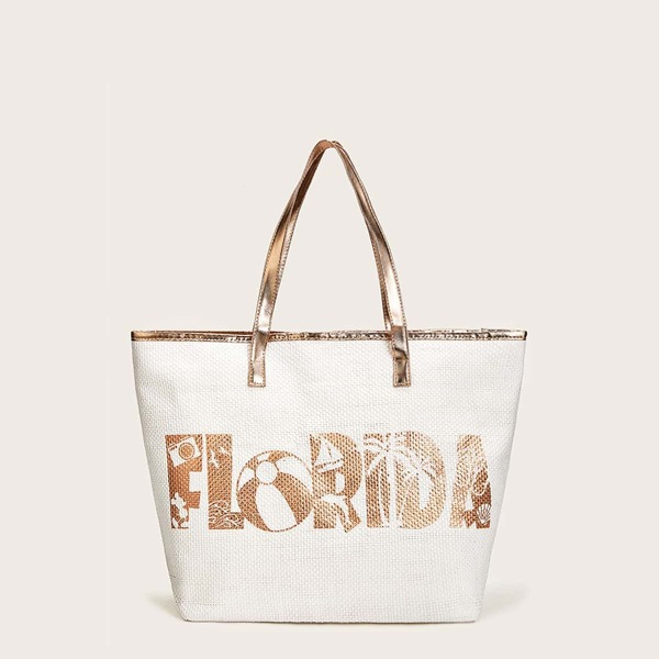 

Metallic Handle Letter Print Tote Bag, Multicolor