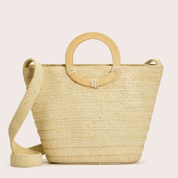 

Double Ring Handle Woven Satchel Bag