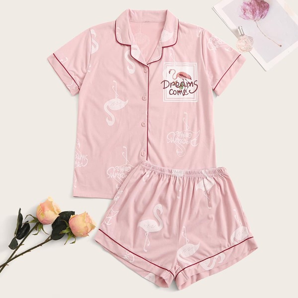 

Flamingo Print Button-up PJ Set