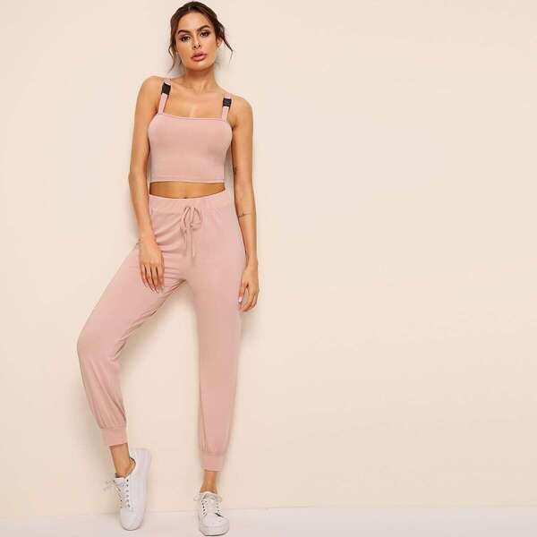 

Buckle Crop Top With Drawstring Waist Pants