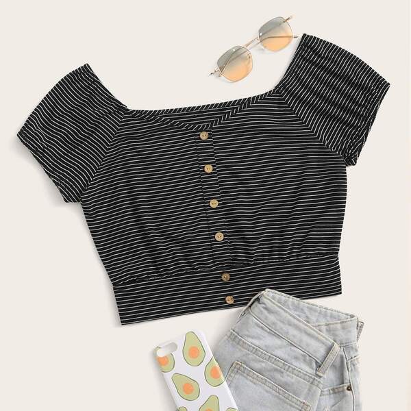 

Striped Button Front Raglan Sleeve Tee